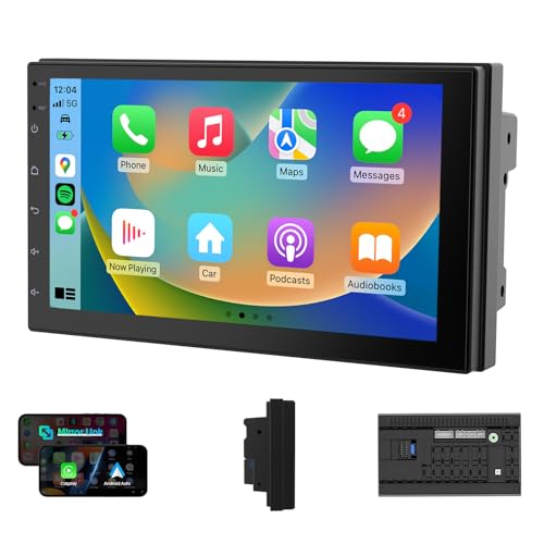 Haudio 7 Pouces Autoradio Bluetooth 2 DIN avec CarPlay & sans Fil Android Auto, HD Ecran Tactile avec Mirror Link/Vivavoce/GPS/Commande Vocale/AUX/FM Radio pour Tous Les Véhicules sans Caméra 2+32G