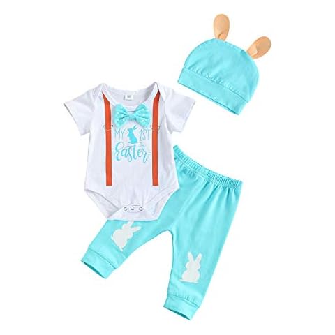 suomate My First Easter Outfit Newborn Baby Boy Short Sleeve My 1st Easter Bodysuit Romper Pants Bunny Ears Hat 3PCS Set (Light Blue+Bow Tie, 0-3 Months) Cover