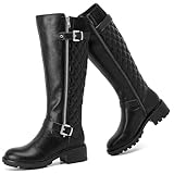 Ruiee Knee High Boots for Women Wide Calf Riding Flat Boot Stitching Low Heeled Long Tall Winter Fall Fashion Dressy Womens Knee-High Boots. 241267 Black PU Size9.5