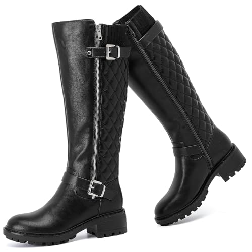 Knee High Boots for Women Classic Comfort Riding Combat Boot Round Toe Side Zipper Long Tall Fall Winter Womens Boots. 9.5 Black Pu 267