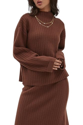 Image of CHYRII Womens Fashion Two Piece Outfits Mock Neck Oversized Sweater Tops Skirt Sets Sweater Dress Lounge Set
