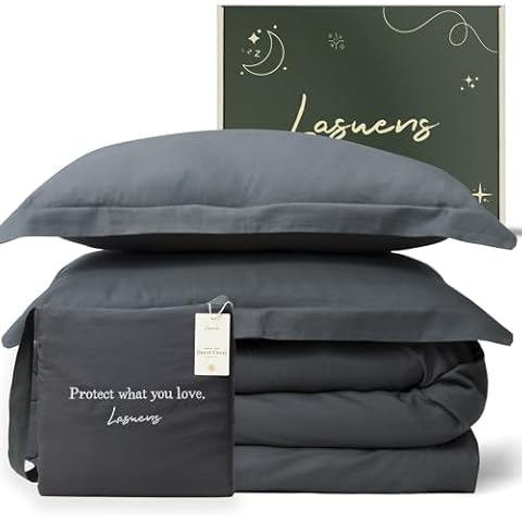 Lasuens Queen All Season Comforter and Quiet Shade Grey Linen Duvet Cover Bundle 4PC Set (Comforter + Cover + 2 Pillow Shams) Cover