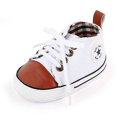 SABATUTU Unisex Baby Boys Girls Shoes Star High Top Ankle Toddler Sneaker Soft Anti-Slip Sole Newborn Infant First Walkers Canvas Denim Crib Shoes (12cm, D01-White&Brown, 6-12 Months)