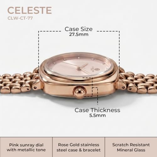Image of Carlton London Women Celeste Analog Watch, Square Dial, Stainless Steel Strap, Quartz Movement, 30M Water Resistant, Casual Wear