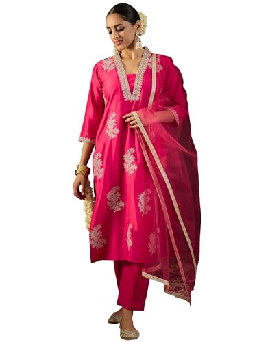 Image of INDO ERA Womens Silk Blend Embroidered Straight Kurta Pant Dupatta Set (KH9RP7952)