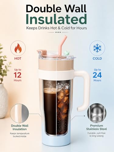 Image of Arova Stainless Steel Insulated Travel Mug 1200ml with Handle & Straw | Double Wall Vacuum Tumbler with Lid | Leak Proof Large Coffee Mug for Office, Car, Gym | Hot & Cold Thermal Cup (Beige)
