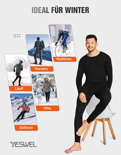 YESWEL 100% Merino Unterwäsche Herren Set, Weich Winter Thermounterwäsche, Warme Merinowolle Skiunterwäsche, Langarm Shirt und Hose Funktionsunterwäsche (Schwarz,L)