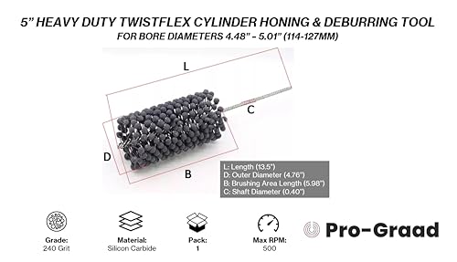 Image of 5 inch 240 Silicon Carbide HD TwistFlex Cylinder Hone for 4.48 inch- 5.01 inch Bores | Flexible Cylinder Honing, Deburring, Cross-Hatch Finishing Tool for Mild Steel, Stainless, Cast Iron, Softer Ferrous Metals