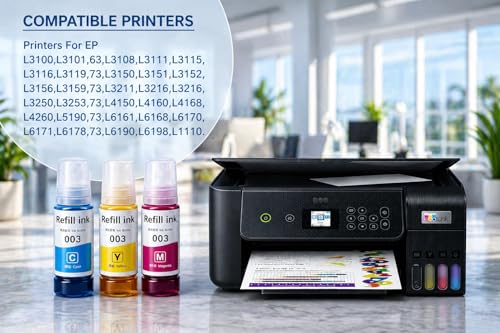 Image of ROHINK 003 Compatible Refill Ink for Epson L3110, L3150, L3250, L3252, L3115, L3116, L3101, L3210, L3215, L3216, L3151, L3152, L3156, L5190 Printers (Multicolor Combo Pack 3)