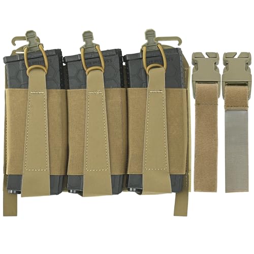 Triple Mag Pouch Front Placard,Elastic 5.56 7.62 Rifle Magazine Pouch with G Hook,Buckle Kit,Bungee Retention and Hook Panel for Tactical Vest Chest Rig (Coyote Brown)