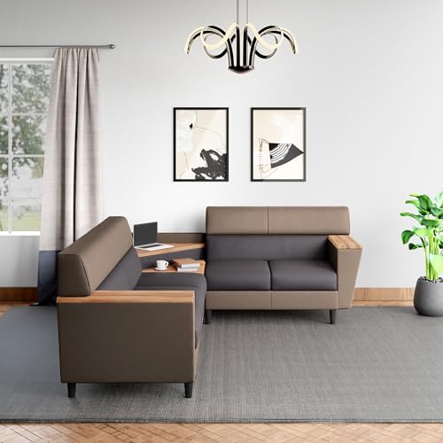 GODREJ INTERIO Sofa Vertex 5 Seater (L Shape) Fabric and Synthetic Leather Sofa for Living Room, 3-Years Warranty, Pinewood, Pebble + Dark Grey Color