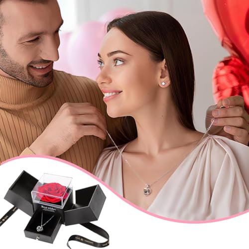 Image of HASTHIP Valentine Gift for Girlfriend, Wife, Women Artificial Preserved Rose with Heart Necklace with I Love You In 100 Languages Romantic Anniversary Birthday Gifts for Women Mom Girlfriend - Black