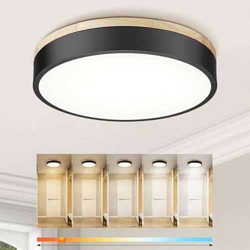 Image of Ken & Ricky 12 inch Modern Flush Mount Ceiling Light,Light Wood and Black,1PK