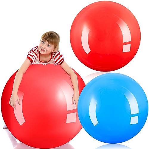Jenaai 2 Pcs 30 Inch Large Bouncy Balls Giant Inflatable Rubber Kickballs Outdoor Exercise Jumping Hopping Big Ball for Outdoor Activity Game Sports Party Decor(Red, Blue)