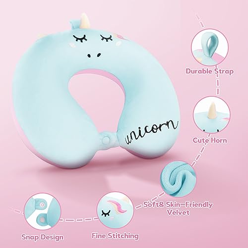 Travel Pillow Memory Foam,Unicorn Travel Neck Pillow for Airplane with Snap,Soft U-Shaped Head Support Pillow Gift with Washable Pillow Cover for Adults Kids Traveling on Car Plane Flight (Blue)
