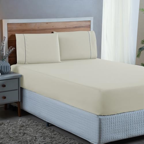 Conjunto Lençol Super King Ponto Palito 300 Fios 100% Algodão com Elástico 3 peças (PALHA)