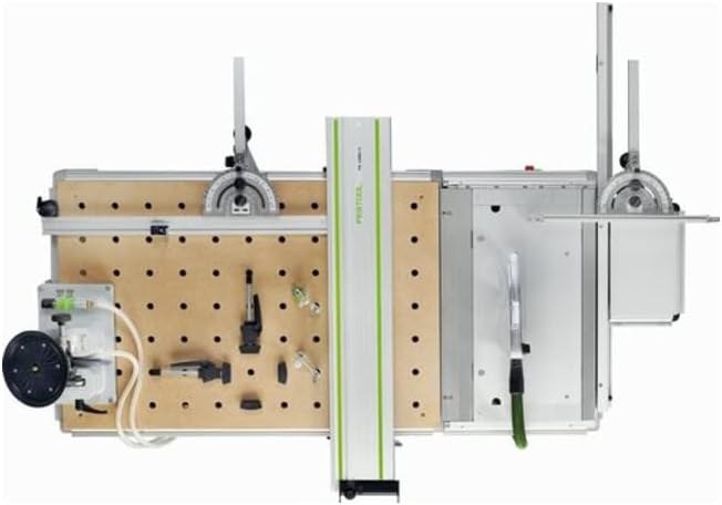 Жогорудан төмөн view of the Festool MFT/3 Basic with various tools and accessories attached to the perforated top.