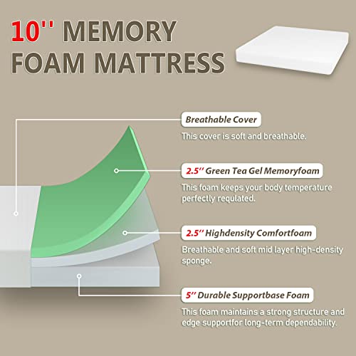 Image of PayLessHere 10 Inch Mattress Green Tea Memory Foam Mattress CertiPUR-US Certified,Removable Soft Cover,Fiberglass Free,King mattresses for Bed Frame, Bunk Bed, Trundle, Daybed,White