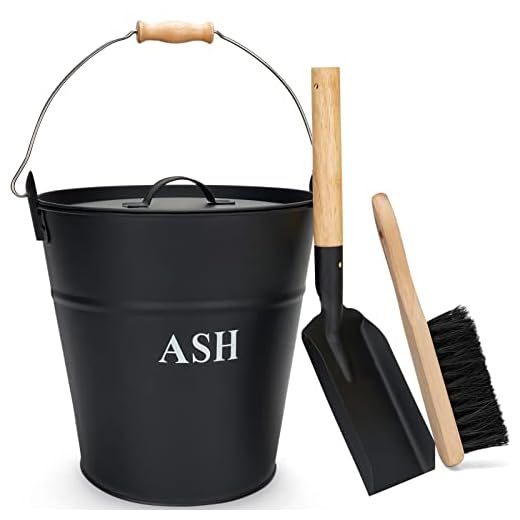 Ash Bucket with Lid, Shovel, and Broom, 3.5-Gallon Metal Bucket with Lid, Fireplace Ash Bucket, Coal Bucket for Wood Stove Accessories Ash Can for Fire Pits, Hearth, Wood Burning Stoves