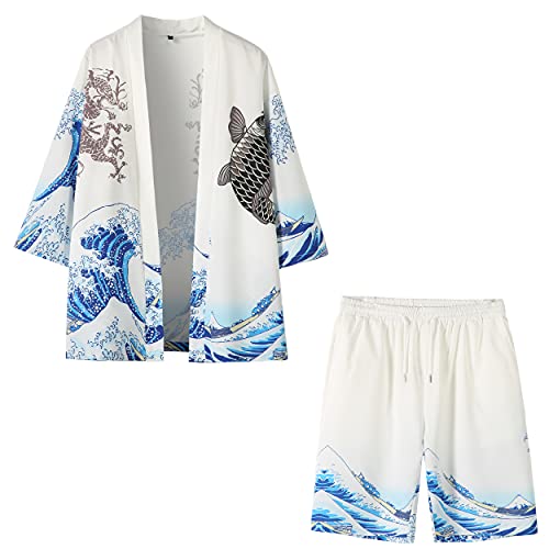 Image of PRIJOUHE Mens Kimono Set Japanese Haori & Shorts 2 Piece Summer Outfits | Silky Polyester 3 /4 Sleeve Yukata Cardigan Suit Loose Happi Coat Elastic Waist Beach Casual Daily Vacation Lounge Sleepwear