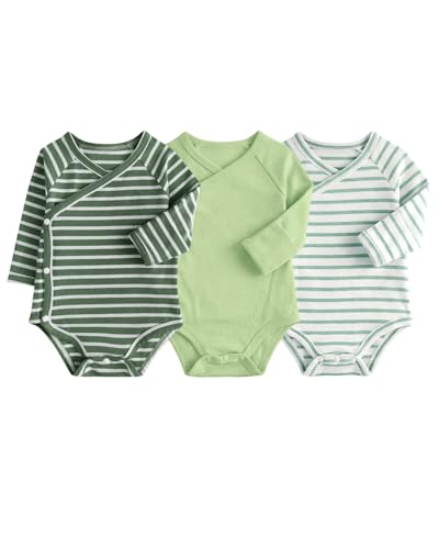 JiAmy Baby Wickelbody Langarm 3er Pack mit Umschlagärmeln, Baumwolle Baby Body Set Langarmbody mit Druckknöpfen für Neugeborene Junge Mädchen Grüne Oberteile 0-3 Monate