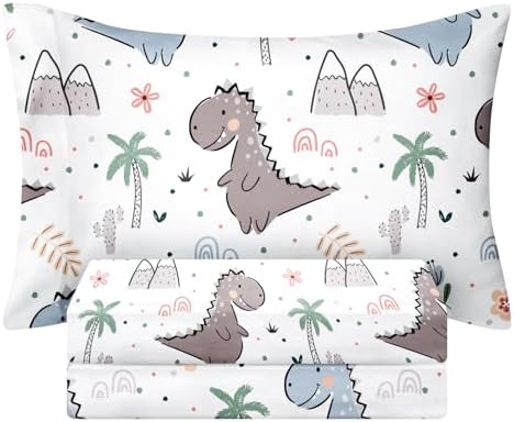 BYSURE Twin Sheets Set Kids(Dinosaur, Grey), 3 Pieces Easy Fit Deep Pocket Sheets Set, Breathable Wrinkle-Free Microfiber Bedding for Children