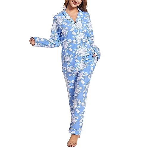 Image of Tugege Pajamas Set Long Sleeve Sleepwear Womens Button Down Nightwear Pj Sets(Blue Lotus-Blue Lotus)