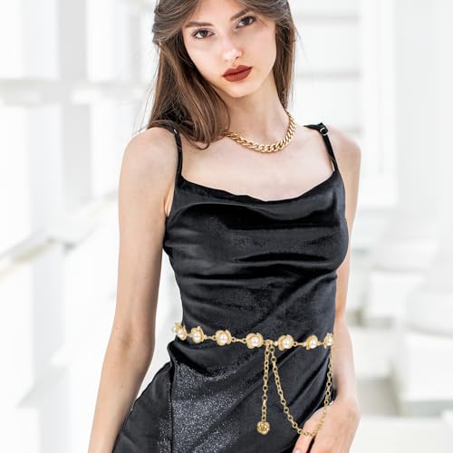Flower Pearl Waist Chain Belt for Women, Gold Silver Chain Belts for Dresses Jeans Jewelry Decorative Accessory Gift4