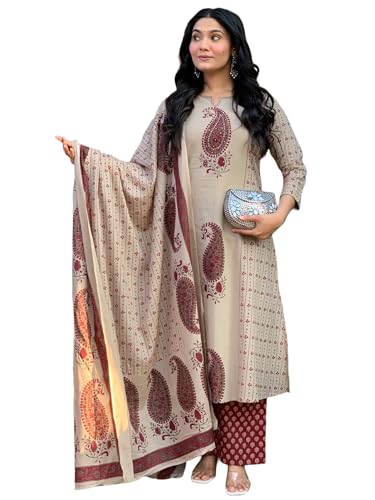 Image of GoSriKi Kurta Sets for Women Cotton Blend Printed | Kurti Set for Woman | Kurta Pant Dupatta Set | A Line Kurti | Round Neck V-Slit 3 /4 Sleeve Suit Set for Women Stylish Ethnic Outfit
