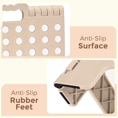 Image of ACKO Folding Step Stool, 13 Inch Non-Slip Foldable Step Stool for Adults & Kids, Up to 300 lbs, Lightweight Collapsible Foot Stools with Carry Handle for Kitchen, Bathroom, Bedroom, Khaki
