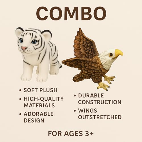 Image of White Tiger & Eagle Plush Combo Pack ? Realistic Soft Animal Toys for Kids | 25cm Tiger + 30cm Eagle | Jungle Wildlife Stuffed Toy Gift for Boys & Girls