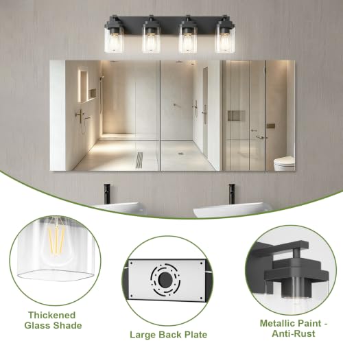 Image of Black Bathroom Light Fixtures, 4 Lights Bathroom Lighting Fixtures Over Mirror, Square Design & Rectangle Large Backplate, Modern Vanity Lighting Fixtures, for Bathroom /Living Room /Bedroom