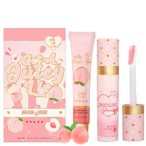 Lip Care Duo Set - Lip Conditioner & Lip Oil Set - Hydrating and Nourishing Treatment - Lip Gloss Balm For Dry and Chapped Lips - Moisturizing Gifts Set For Teenage Girls(Peach)