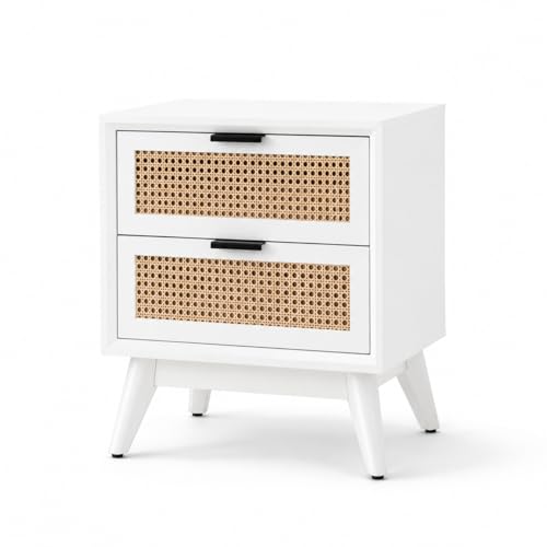 Image of Bedside Table for Bedroom and Hotels | Wooden Bed Side Nightstand Lamp Table with 2 Drawers Storage | Premium Solid Wood Side End Table for Living Room | Rattan Cane- White Finish