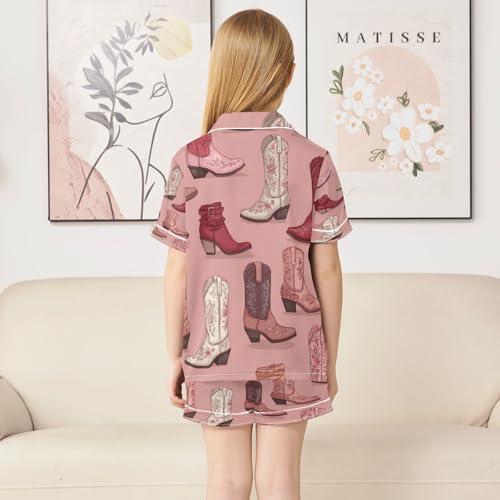 Satin Pajama Sets Short Sleeve Cowboy Boots Floral Kawaii Button Down Silky Nightwear 2 Piece PJS 5-14Y4