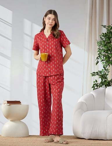 Image of Amazon Brand - Myx Women Cotton Shirt and Relaxed Pajama Set | Night Suit Set (Available in Plus Sizes)