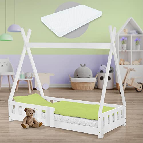 ML-Design Kinderbett Tipi 70x140 cm Weiß mit Matratze, Rausfallschutz und Lattenrost, aus Kiefernholz, Indianer Bett für Mädchen & Jungen, Hausbett mit Zaun, Bodenbett Jugendbett Spielbett Holzbett ML-Design Kinderbett Tipi 70x140 cm Weiß mit Matratze, Rausfallschutz und Lattenrost, aus Kiefernholz, Indianer Bett für Mädchen & Jungen, Hausbett mit Zaun, Bodenbett Jugendbett Spielbett Holzbett