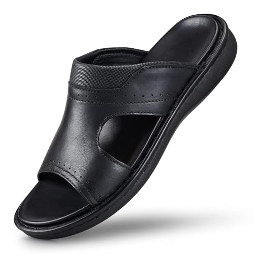 FIEEIF Men's Leather Slides Open Toe Outdoor Slippers Comfort Arch Support Retro Casual Flip Flops Summer Fisherman Slip On Sandals for Men Black Size 10