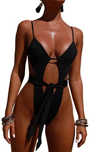 ALBIZIA Women's Backless Spaghetti Strap High Cut Thong One-Piece Swimsuit Monokini