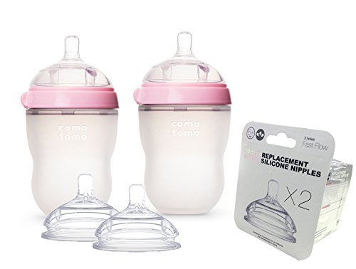 Comotomo Natural Feel Baby Bottle Set, Double Pack Pink, 250Ml (8 Oz) Plus Extra Nipples Packs - Fast Flow & Variable Flow #TOP25