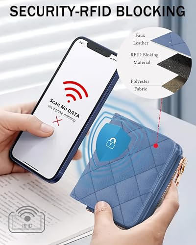 Small RFID Bifold Wallet for Women Slim Card Holder with Zipper Coin Pocket & 2 ID Windows,Compact Gift Wallet (Blue) 5