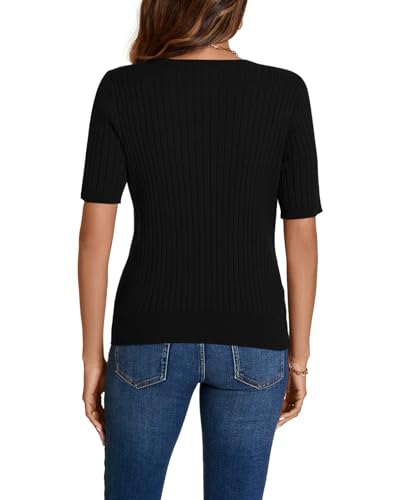 Image of Women Summer Knit Shirt Blouse V Neck Short Sleeve Pullover Sweater Tops