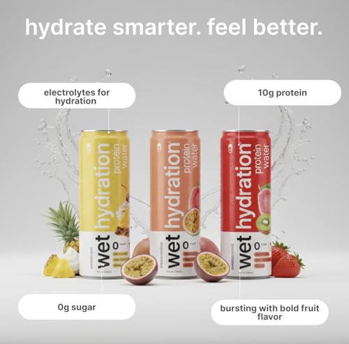 Image of Wet Hydration Protein Water Variety Pack | Functional Electrolyte Drink with Clear Whey Protein & BCAAs - Passion Guava, Pineapple Whip, Kiwi Strawberry (12 fl. oz. Cans, Pack of 12) | Zero Sugar, 10g Protein, Low Calorie, Magnesium, L-Theanine, Functional Hydration