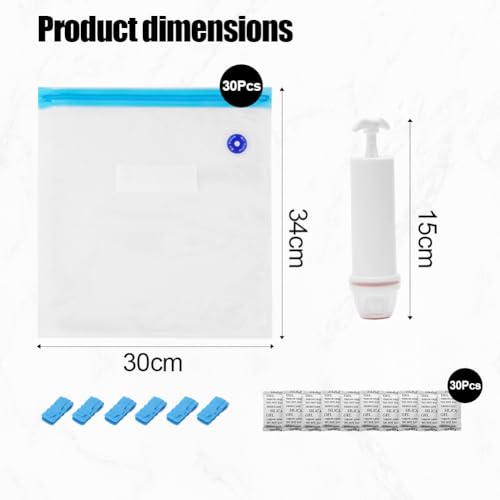 30 Stück Filament Vakuumbeutel, 3D-Druck Filament Aufbewahrung, 34 x 30 cm Feuchtigkeitsbeständige Aufbewahrungstasche, Wiederverwendbar Vakuumbeutel mit Pumpe und 6 Dichtungsclips