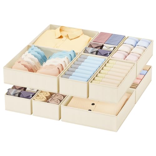 Homsorout Drawer Organisers Foldable Drawer Dividers - 10 Pack Fabric Clothes Wardrobe Storage Boxes Drawer Dividers Cubes for Dresser, Socks, Underwear, Ties, Bedroom - Beige