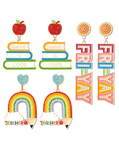 Teacher Gift Earrings for Women Rhinestone Beaded Dangle Drop Pencil FRIYAY Earrings Colorful Teacher Appreciation Gift Back To School Jewelry Set (3 Pairs E)