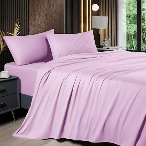 Image of Shilucheng 4 Piece King Sheet Sets, Cooling Sheets, Blend Rayon Derived from Bamboo, Deep Pocket Up to 16 inch, Breathable & Soft Bed Sheets, Hotel Silky Bedding Set, Lilac