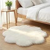 Tappeto in finta pelliccia di pecora, 90 x 90 cm, a forma di fiore, tappeto shaggy bianco per camera da letto, lavabile, antiscivolo, morbido, per camera da letto, soggiorno, camera dei bambini