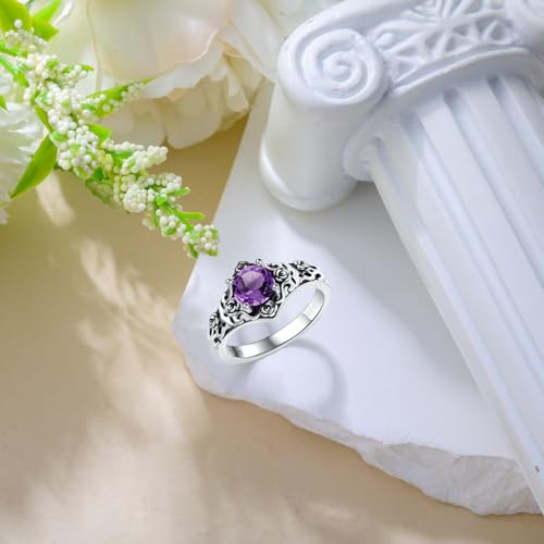 Vintage Style 1 Carat Round Cut Birthstone Ring 925 Sterling Silver Stone with Oxidized Rose Filigree Anniversary Engagement Ring for Women Gifts Size 5-122