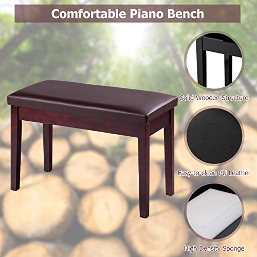 GOFLAME Brown Faux Leather Piano Bench, Solid Wood Construction, Padded Cushion Seat, Hidden Music Storage, Duet Size, Multi-functional Uses